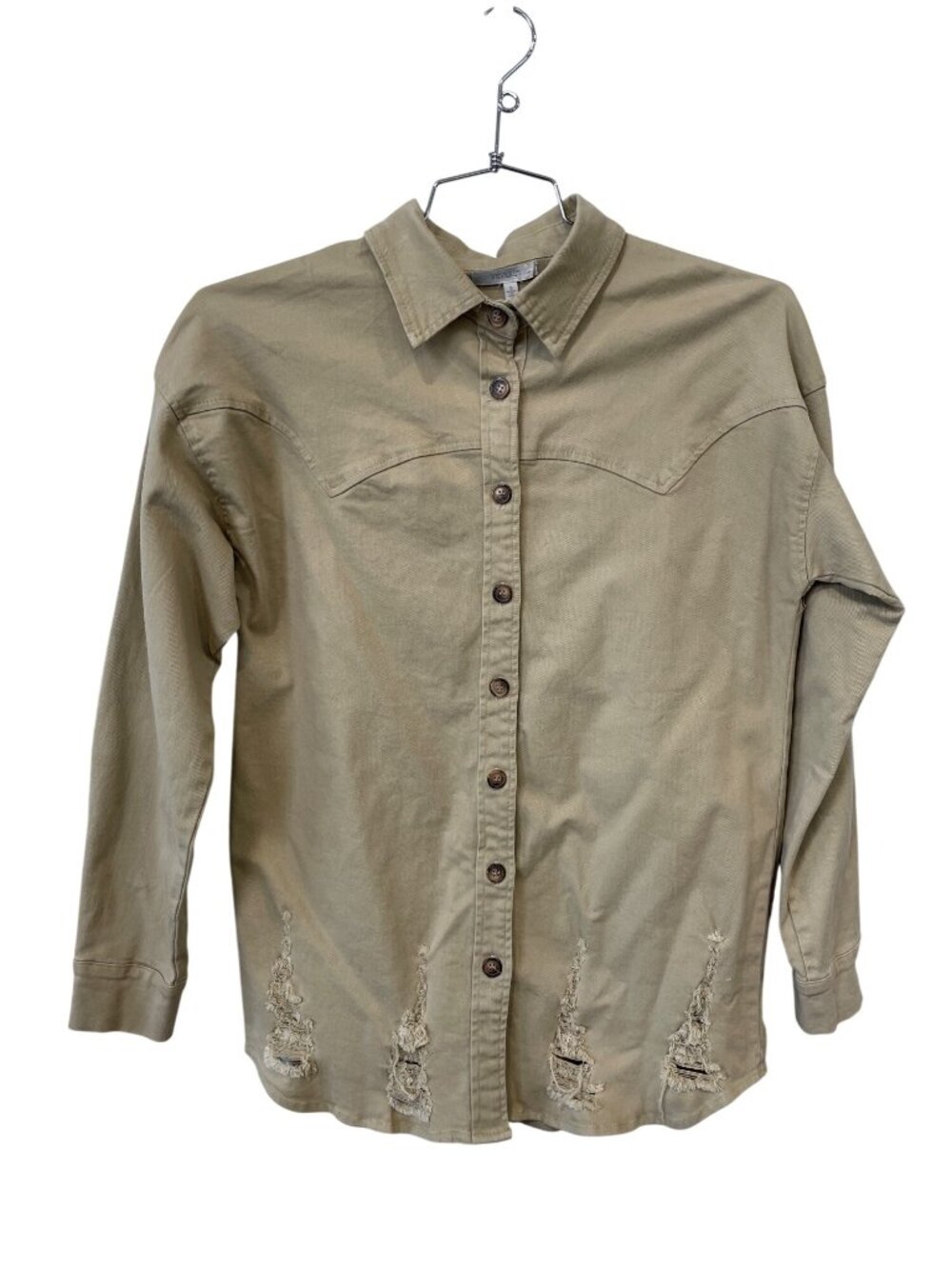 Veveret Western Shirt Small Distressed Button Front Long Sleeve Neutral Cowgirl